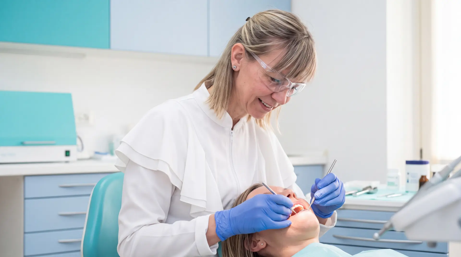 La dottoressa Carla Perino durante una visita odontoiatrica nello studio Specialist di Mogoro