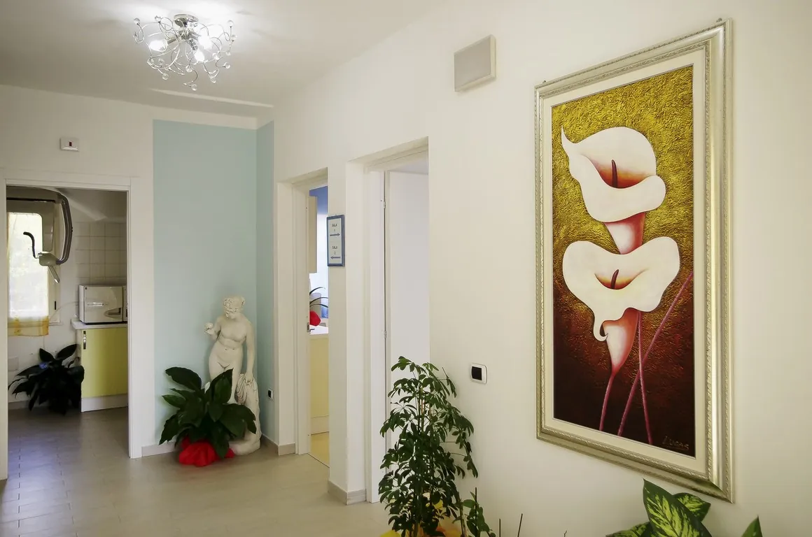 Ingresso dello studio con quadro alle pareti e piante